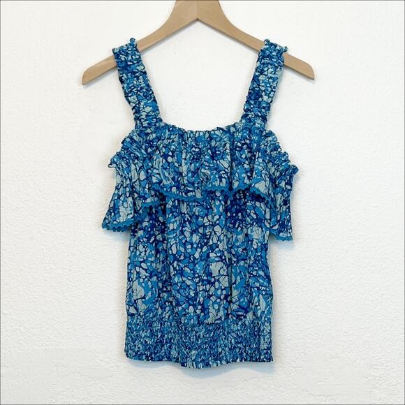 NWT House Of Harlow 1960 Smocked Ruffle Sleeveless Blouse Martine Blue Small - Picture 2 of 11
